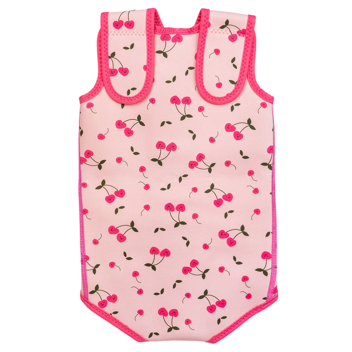 Neoprene baby wrap wetsuit in pink and cherries themed print. Back.