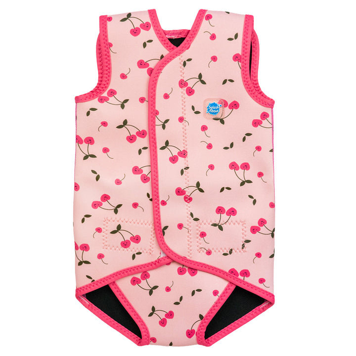 Neoprene baby wrap wetsuit in pink and cherries themed print. Front.