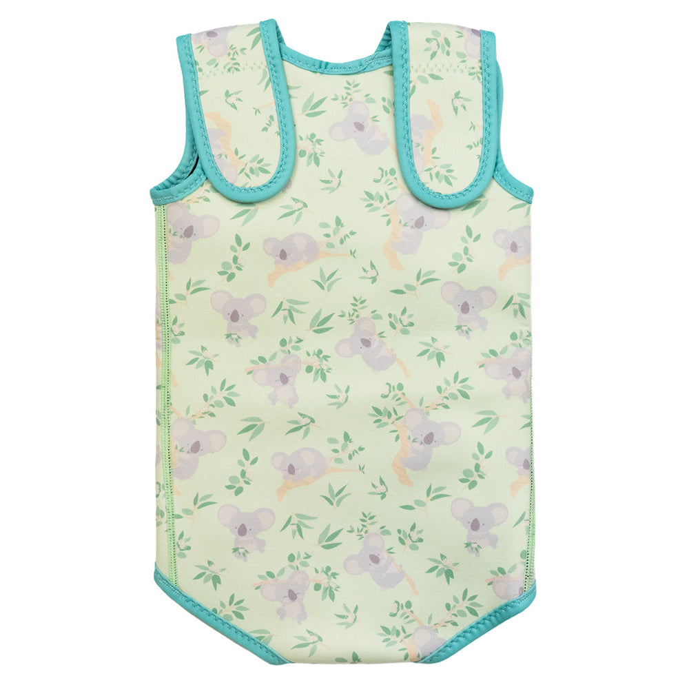 Neoprene baby wrap wetsuit in light green and koalas themed print. Back.