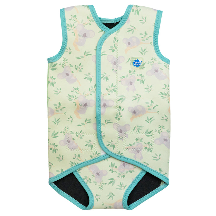 Neoprene baby wrap wetsuit in light green and koalas themed print. Front.