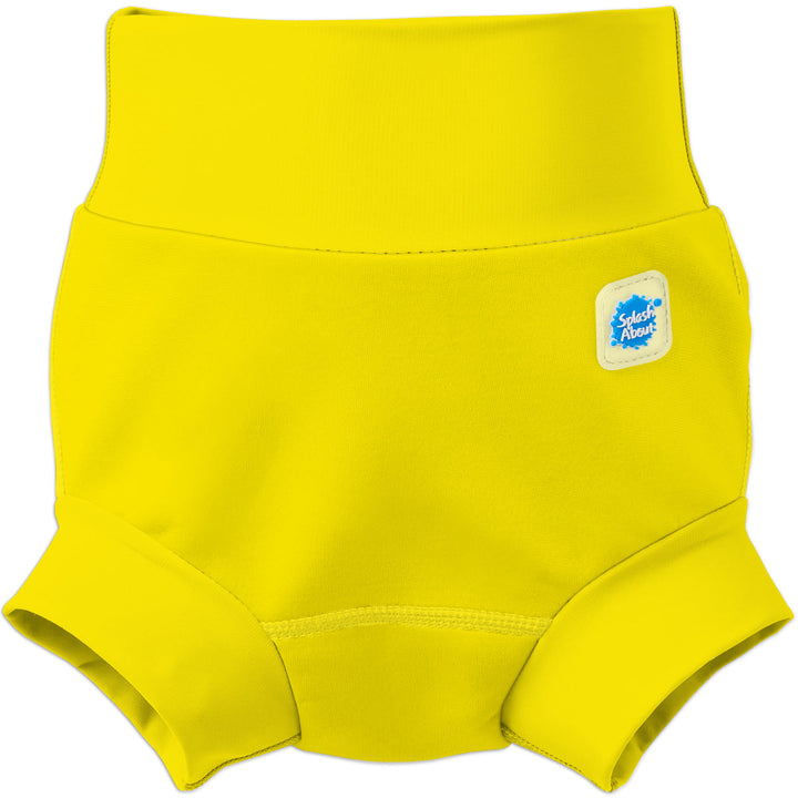 Flat lay image of neoprene swim diaper in bright yellow, front.
