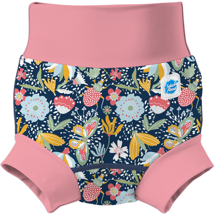 Neoprene swim diaper in navy with pink trims, and floral themed print. Front.