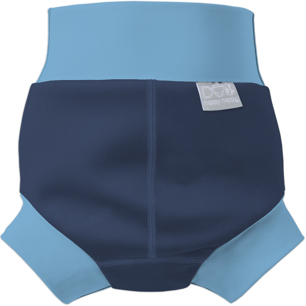 Neoprene swim diaper in navy with blue ribs. Back.
