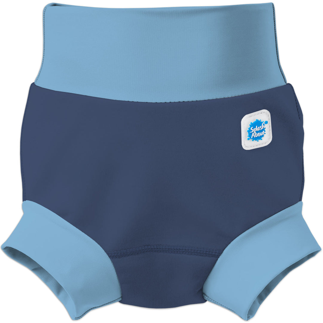Neoprene swim diaper in navy with blue ribs. Front.