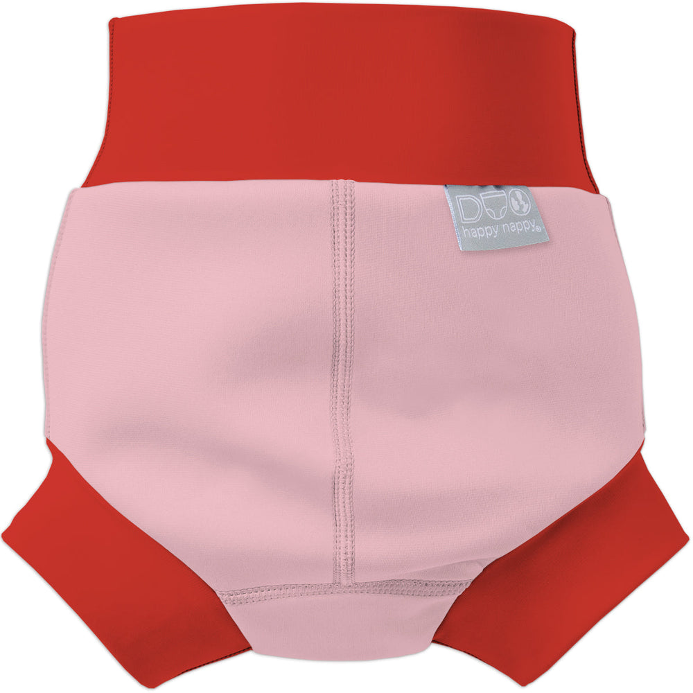 Neoprene swim diaper in pink with red ribs. Back.