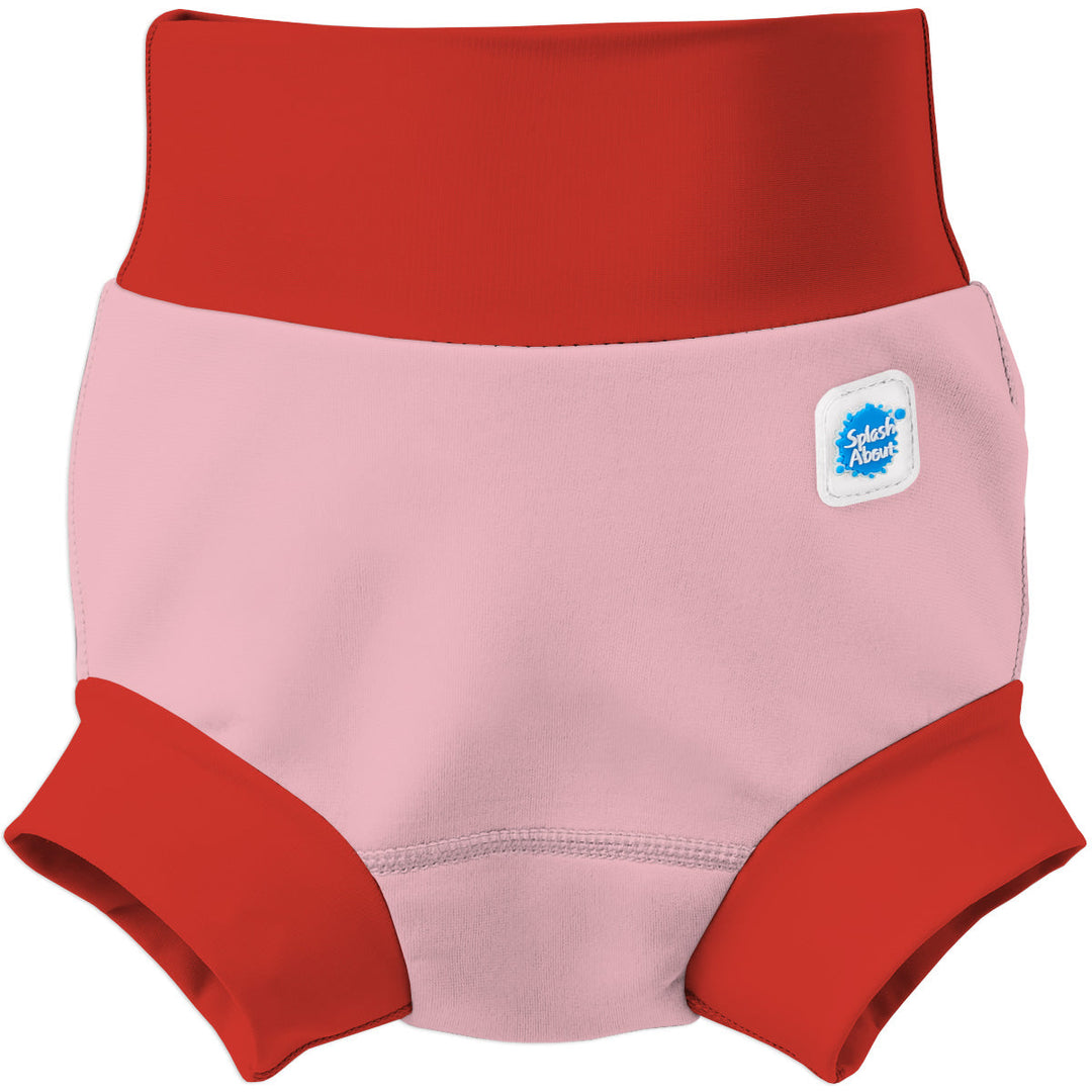 Neoprene swim diaper in pink with red ribs. Front.