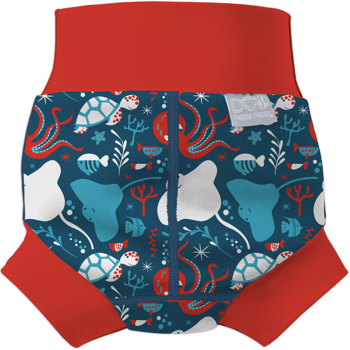 Neoprene swim diaper in blue with red ribs, featuring under the sea themed print. Back.