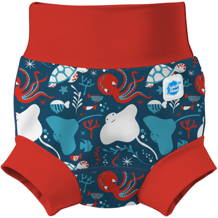Neoprene swim diaper in blue with red ribs, featuring under the sea themed print. Front.