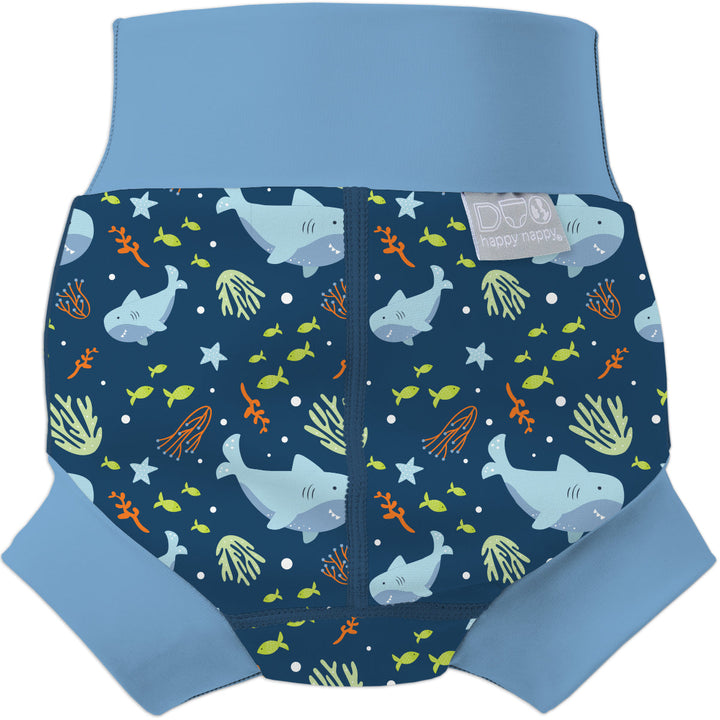 Neoprene swim diaper in blue, featuring sharks themed print. Back.
