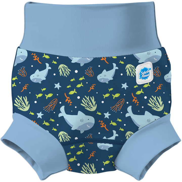 Neoprene swim diaper in blue, featuring sharks themed print. Front.