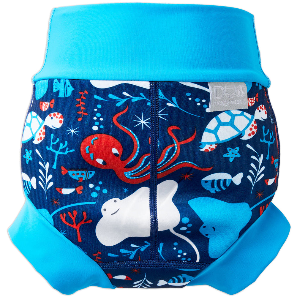 Reusable swim diaper in navy with cyan ribs and sea creatures themed print. Back.