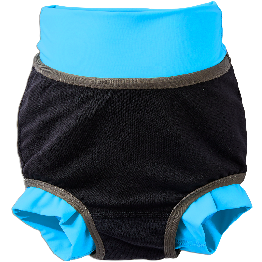 Reusable swim diaper in navy with cyan ribs and sea creatures themed print. Inside out.