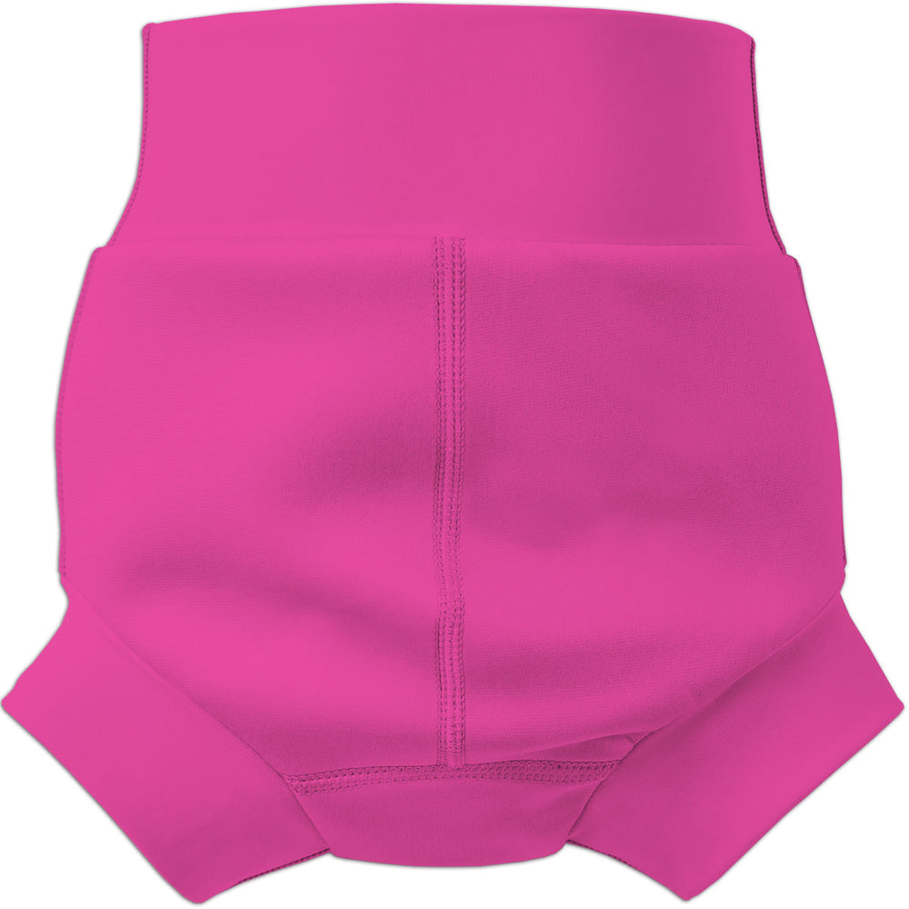 Flat lay image of neoprene swim diaper in hot pink, back.