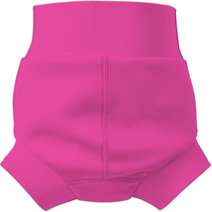 Flat lay image of neoprene swim diaper in hot pink, back.