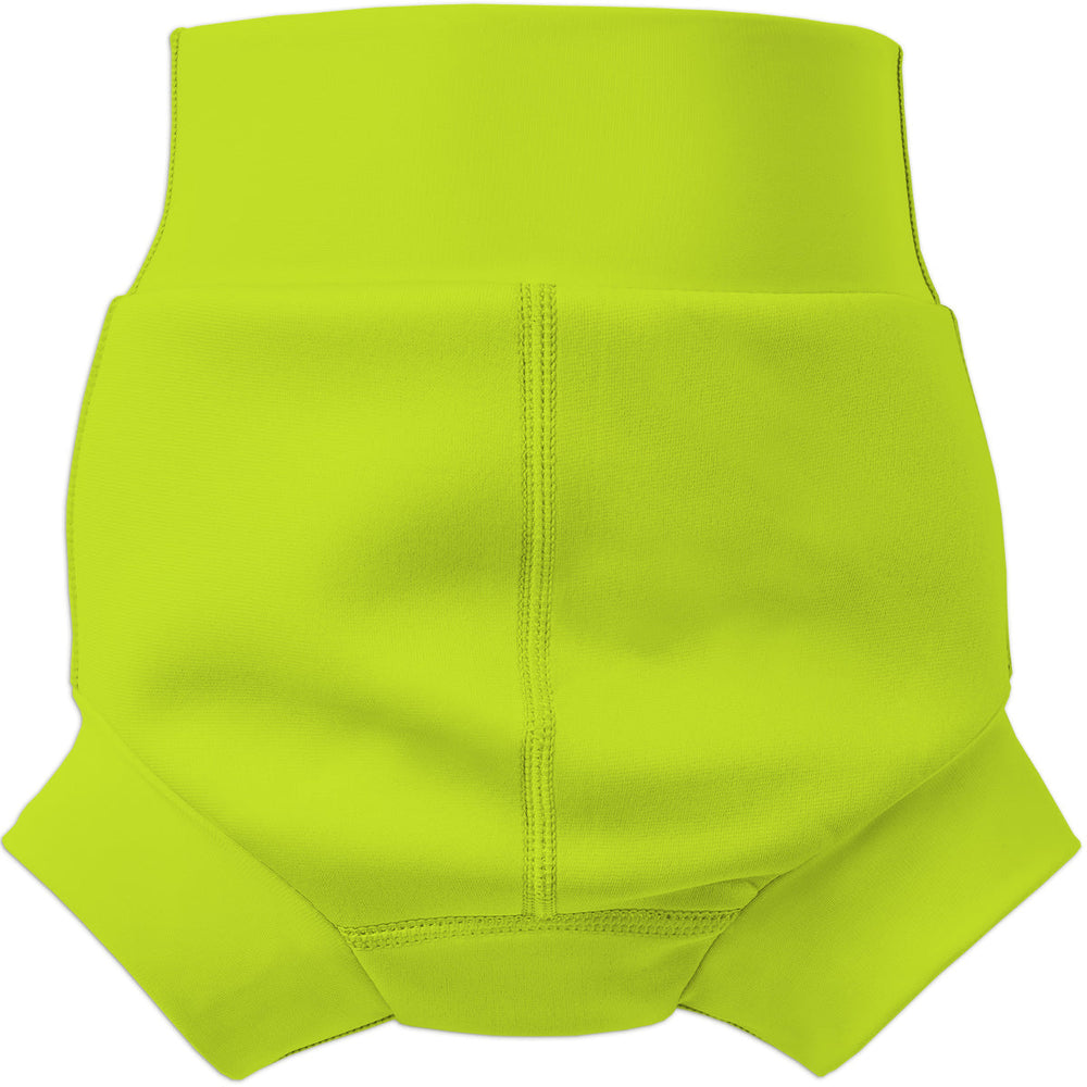 Flat lay image of neoprene swim diaper in bright lime green, back.