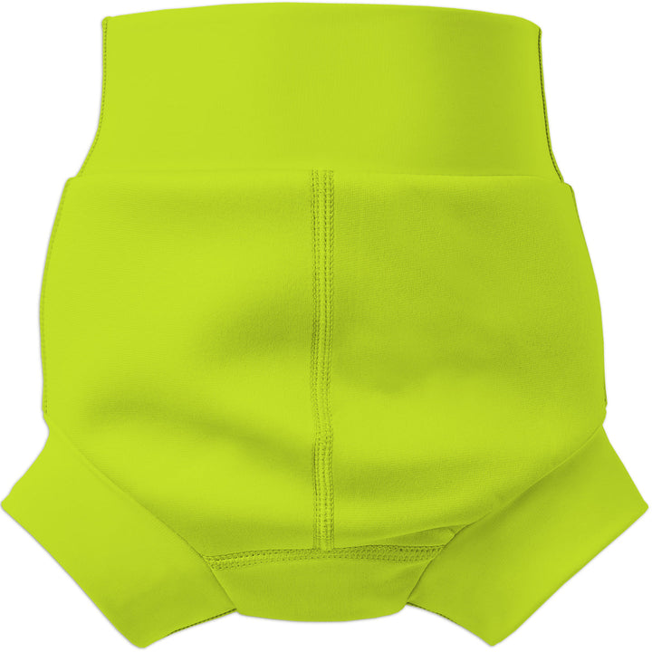 Flat lay image of neoprene swim diaper in bright lime green, back.