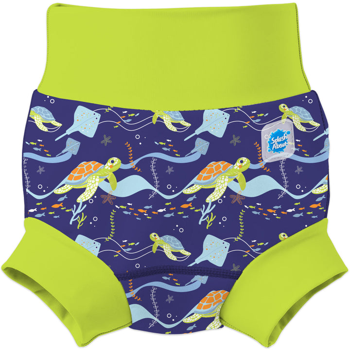 Neoprene swim diaper in navy, with lime ribs and turtles themed print.