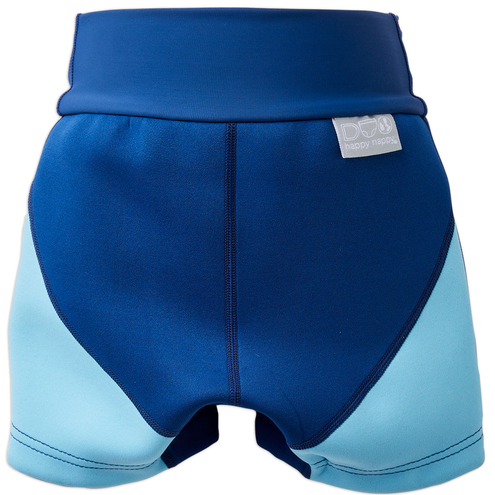 Neoprene swim shorts in blue and navy. Back.