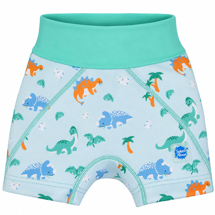 Neoprene swim shorts in mint and dinosaurs themed print. Front.