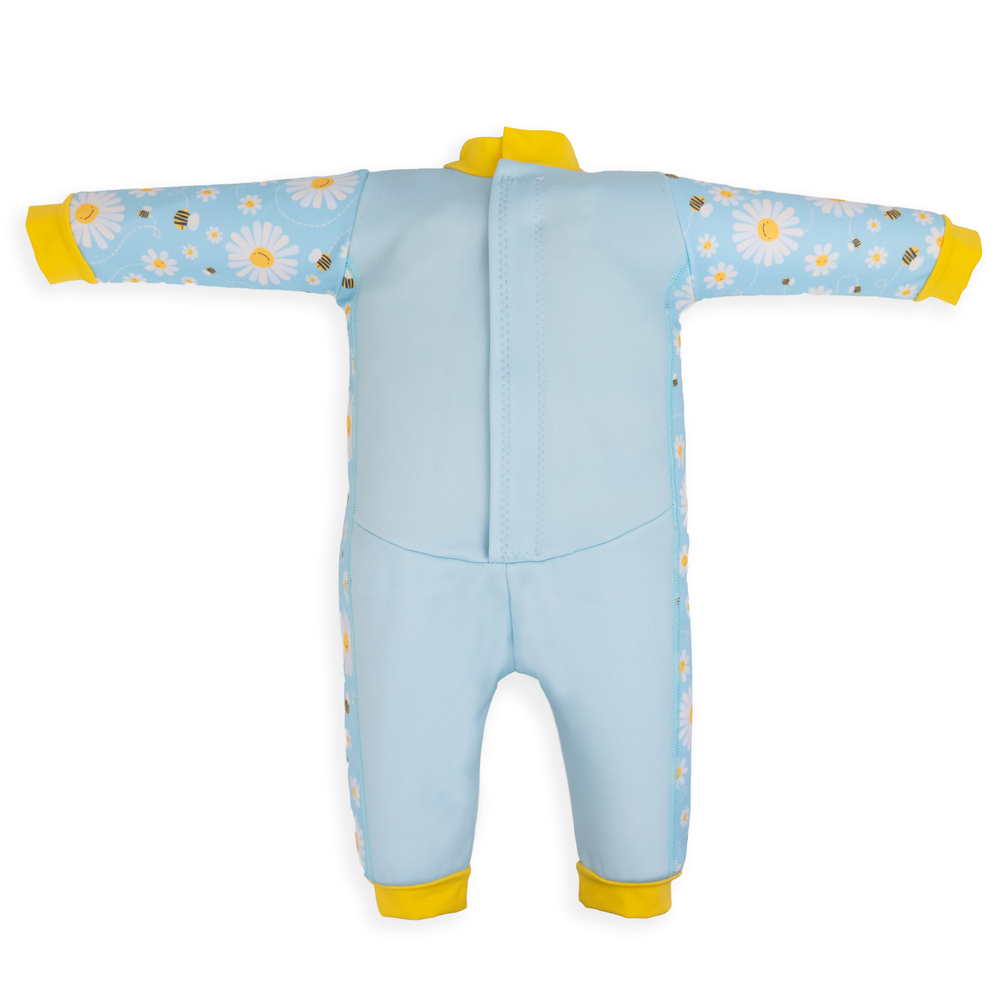 Flat lay image of fleece-lined baby wetsuit in baby blue with yellow trims and daisies themed print. Back.