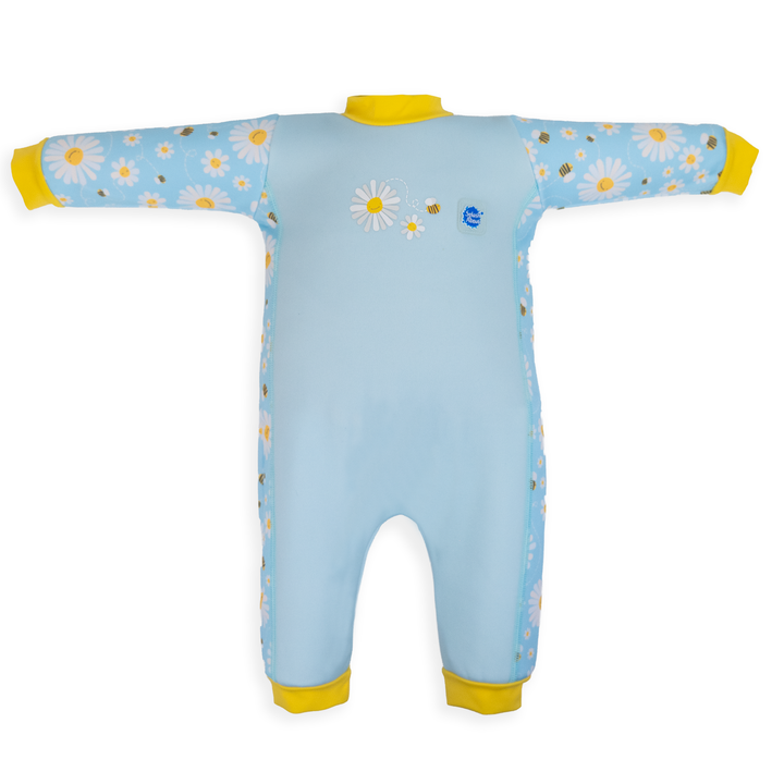 Flat lay image of fleece-lined baby wetsuit in baby blue with yellow trims and daisies themed print. Front.