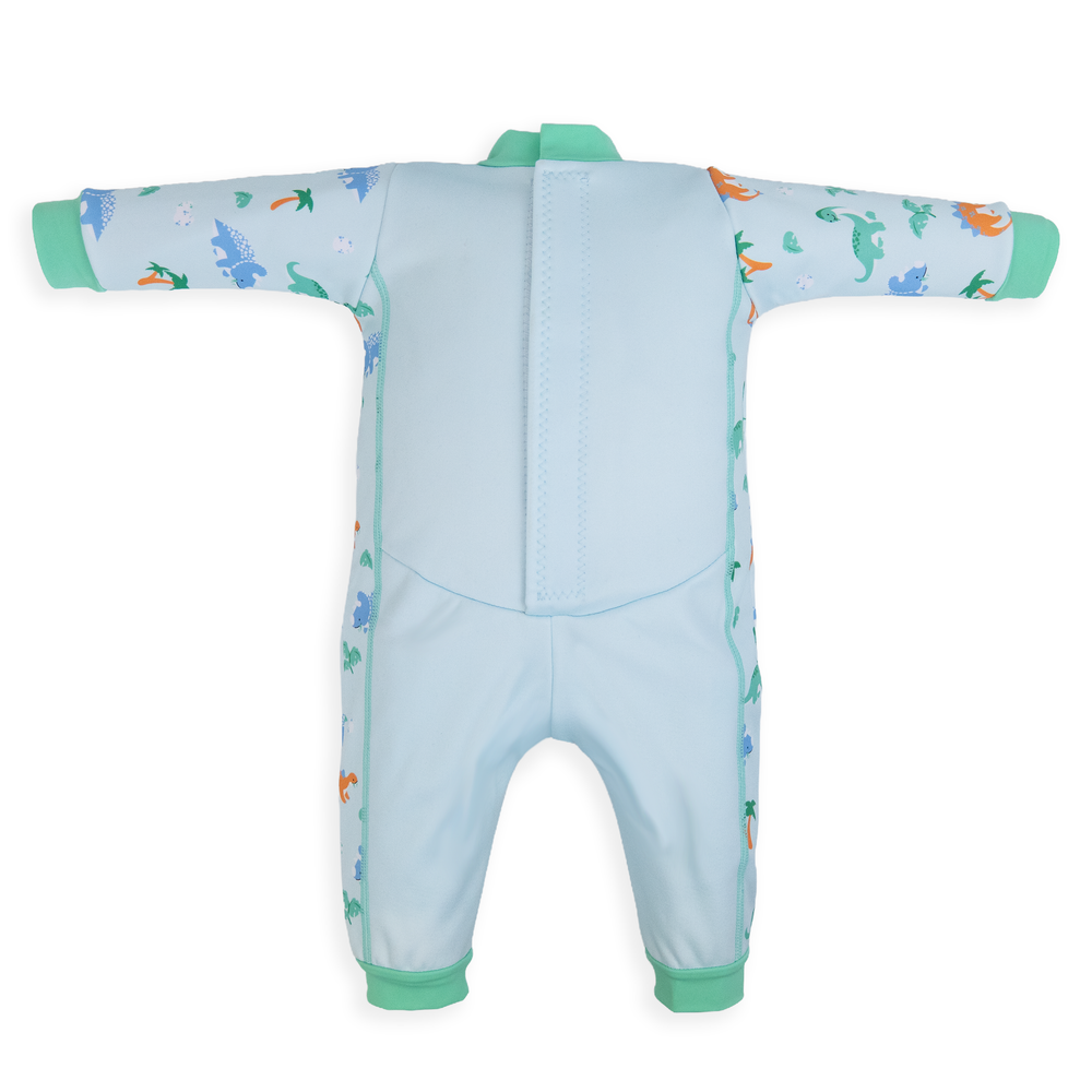 Flat lay image of fleece-lined baby wetsuit in baby blue with mint trims and dinosaurs themed print. Back.