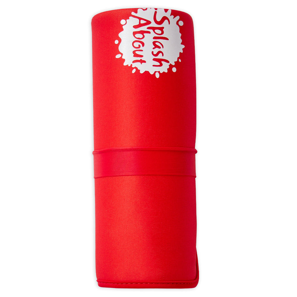 Red neoprene changing mat, rolled up