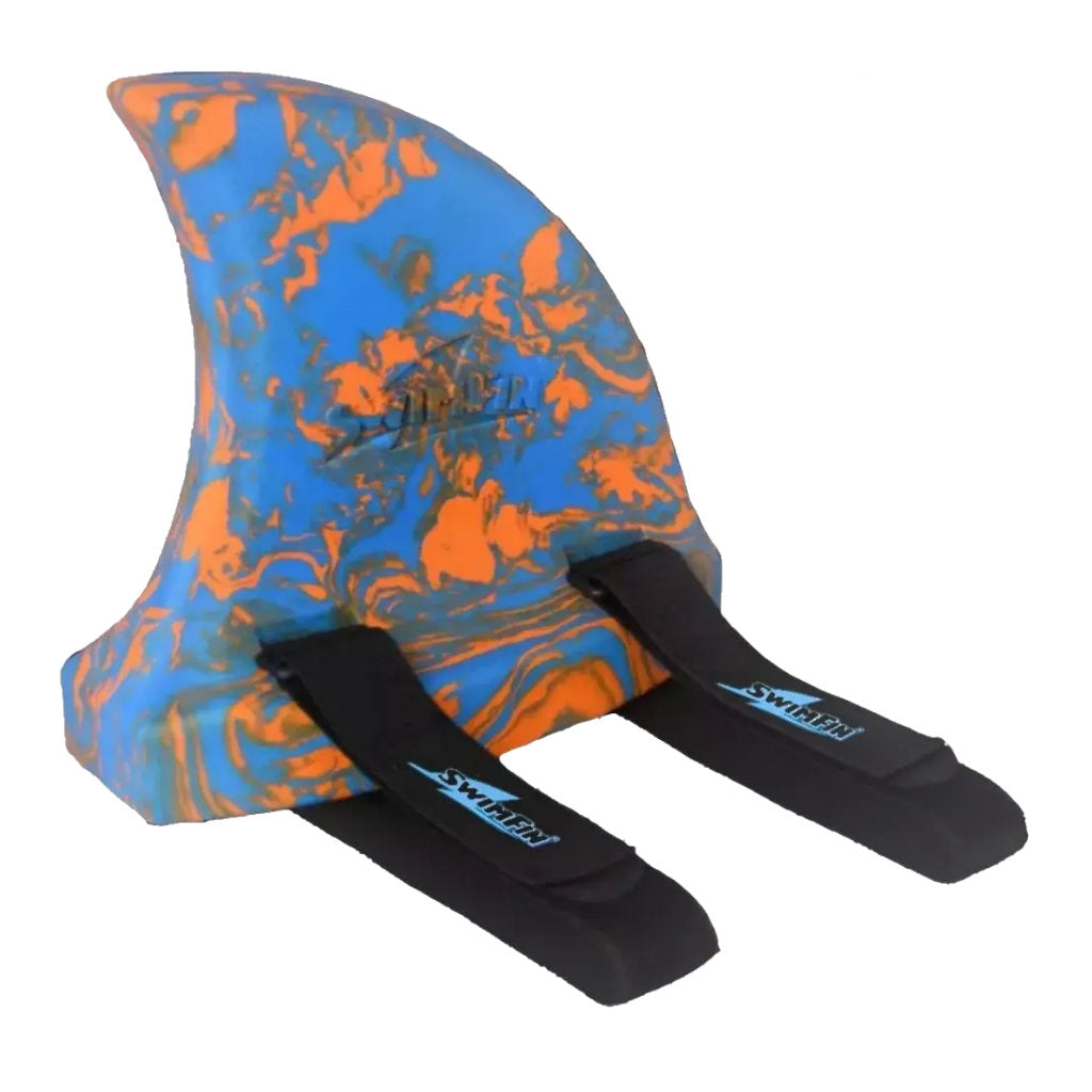 SwimFin in orange and blue, the Shark Fin for Children learning to swim, a safety swimming aid and flotation device.
