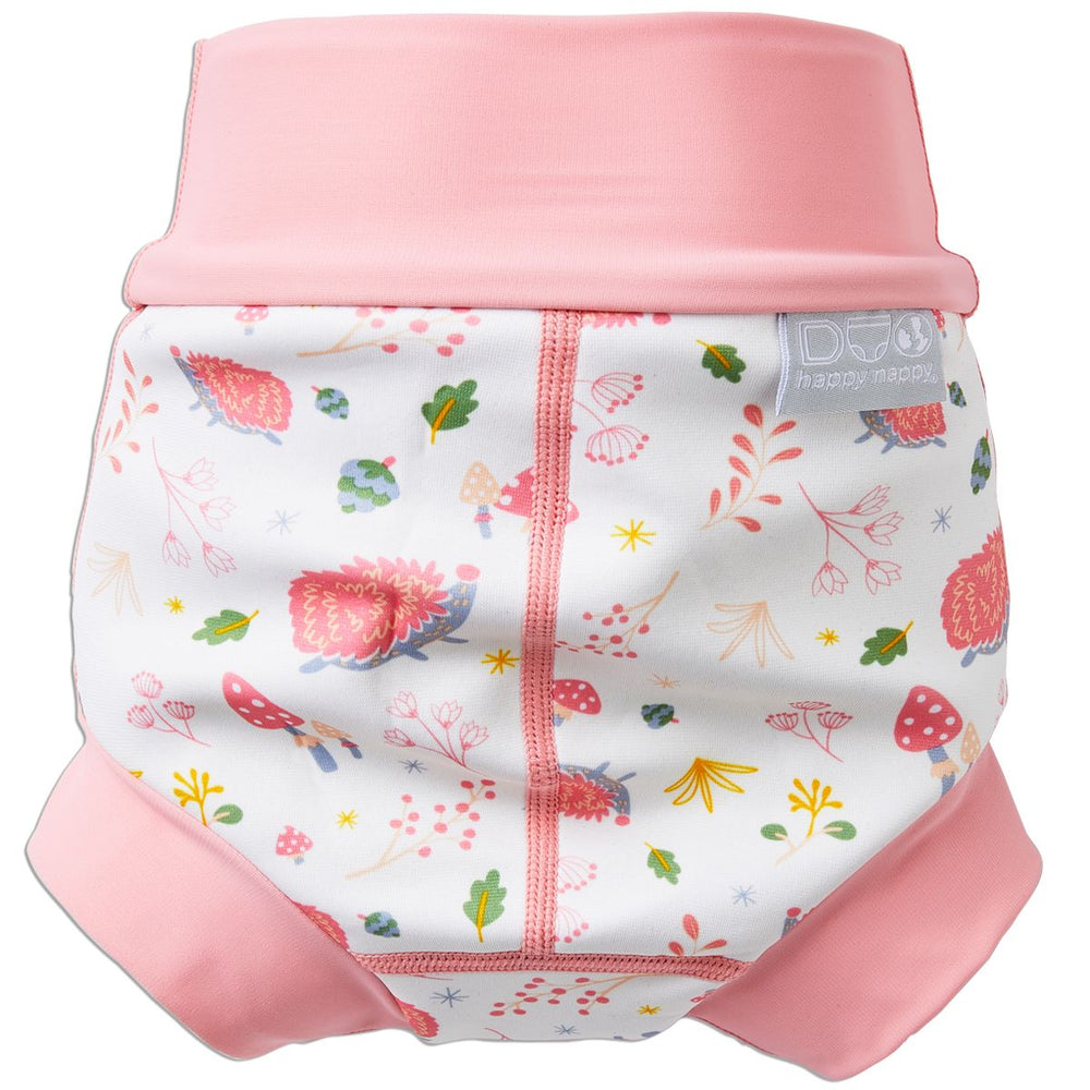 Reusable swim nappy in white with light pink ribs and forest themed print, including mushrooms, hedgehogs, leaves and flowers. Back.