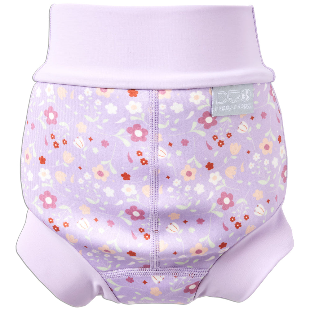 Reusable swim diaper in lilac and floral themed print. Back.