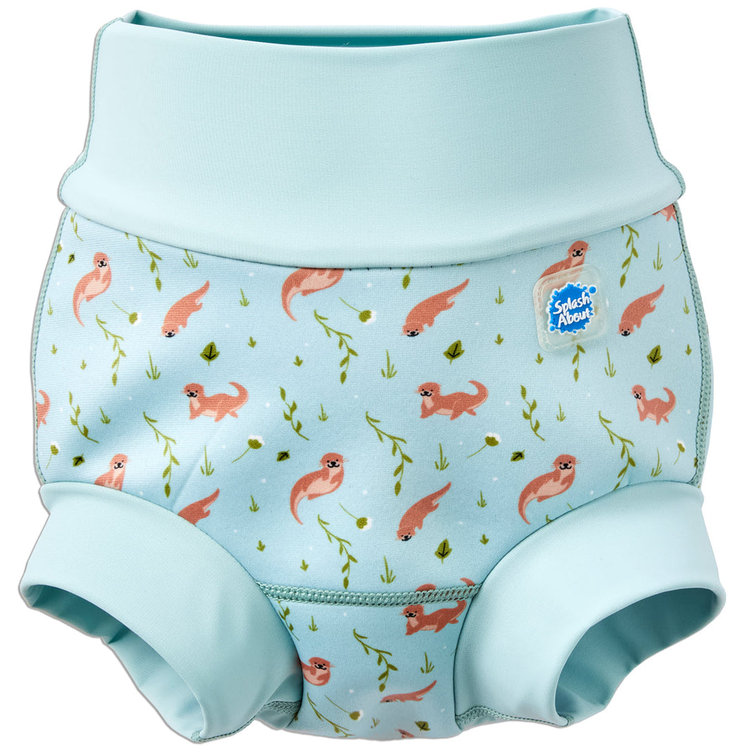 Reusable swim diaper in light blue and otters themed print. Front.