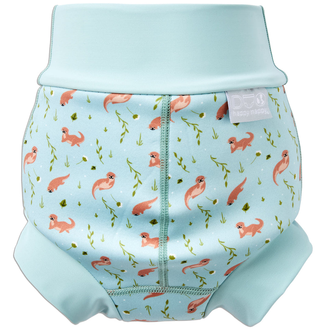 Reusable swim diaper in light blue and otters themed print. Back.