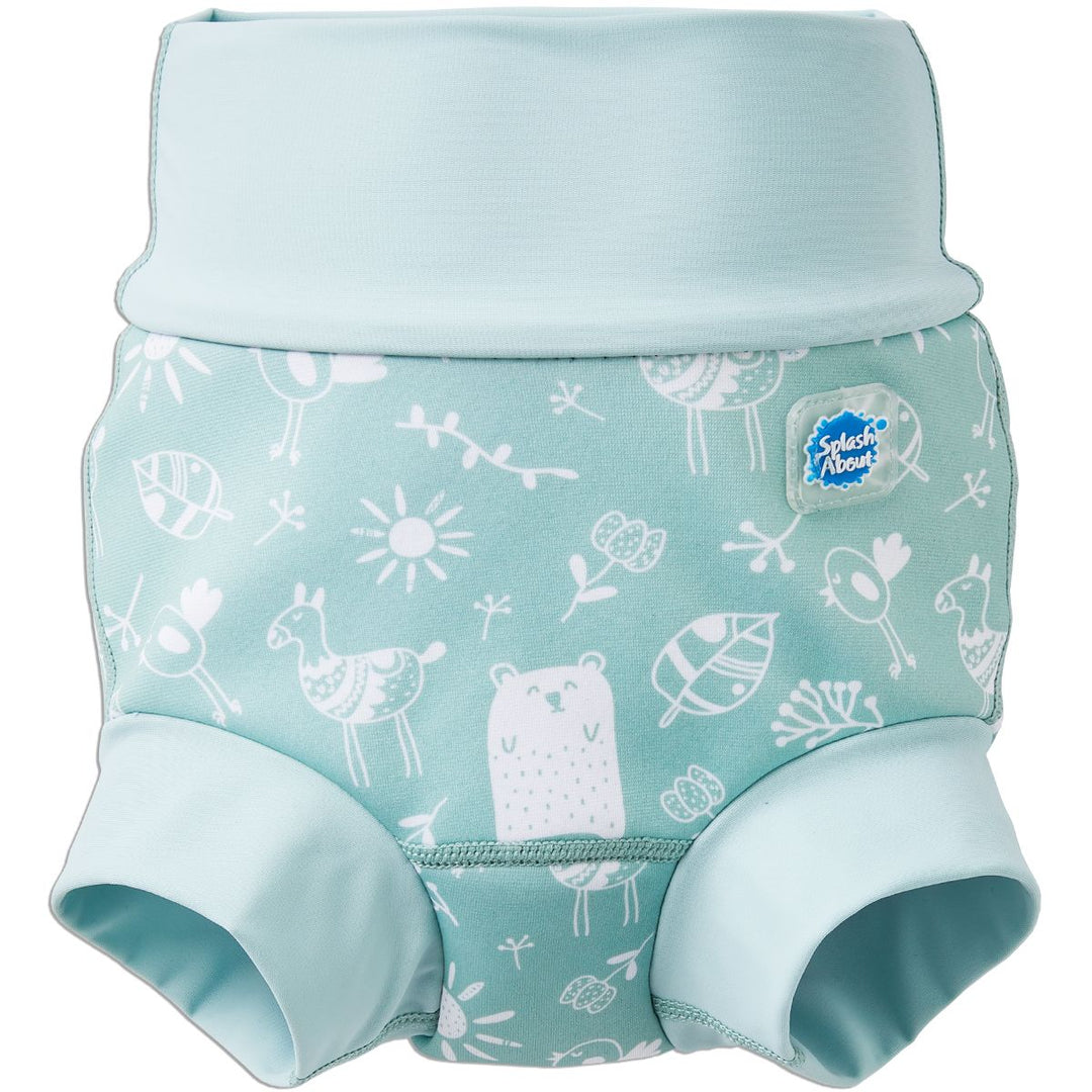 Reusable swim nappy in light blue or green with animals themed print, including bears, llamas, birds, suns and flowers. Front.