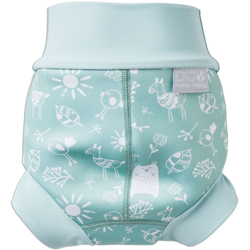 Reusable swim nappy in light blue or green with animals themed print, including bears, llamas, birds, suns and flowers. Back.