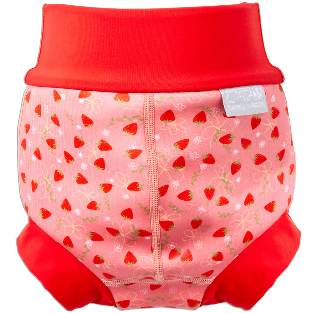Reusable swim diaper in pink with red ribs and strawberries themed print. Back.
