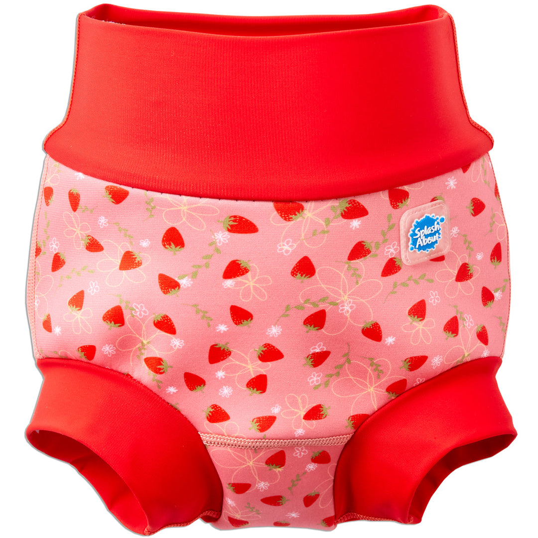 Reusable swim diaper in pink with red ribs and strawberries themed print. Front.