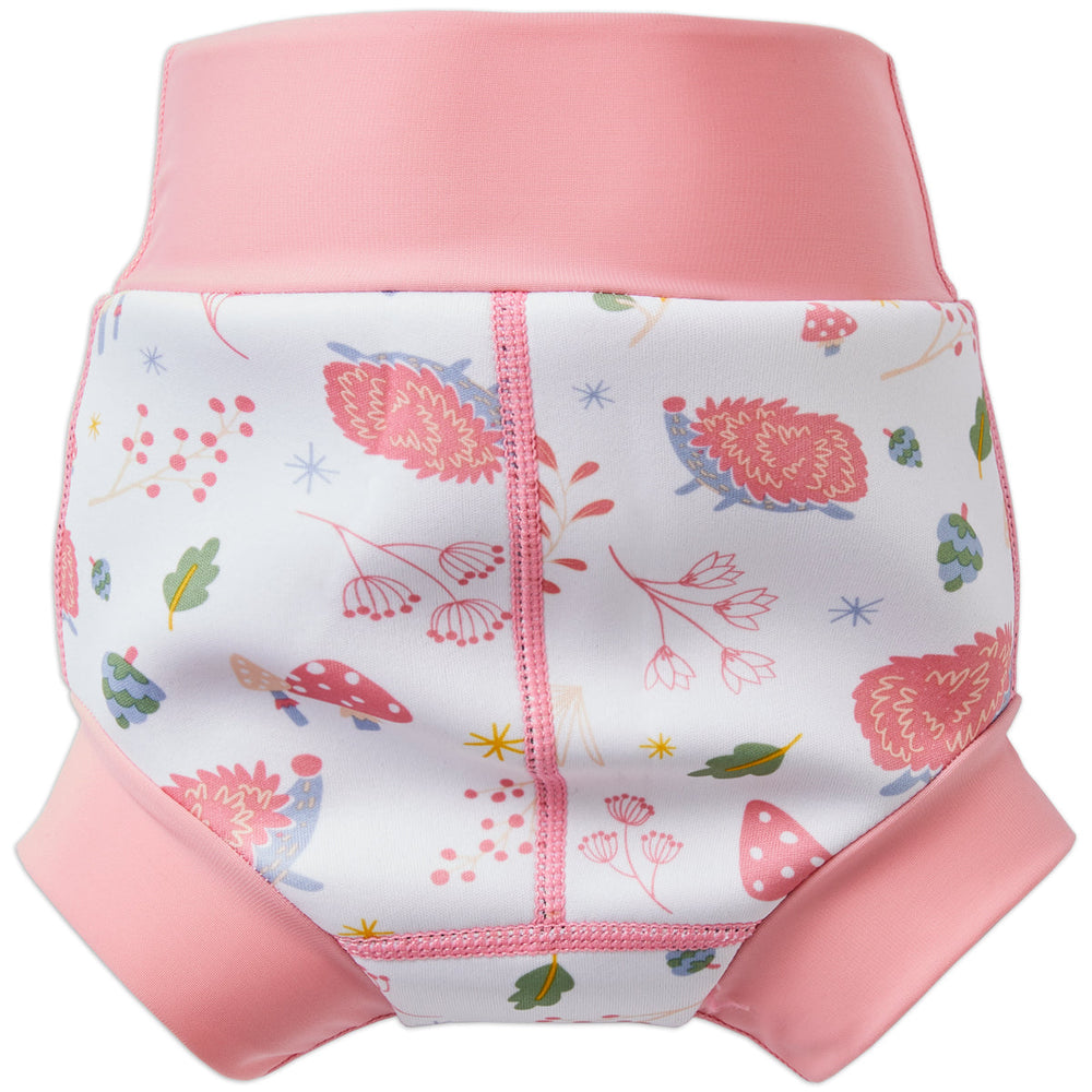Happy Nappy in white featuring forest themed print. Light pink trims. Back.
