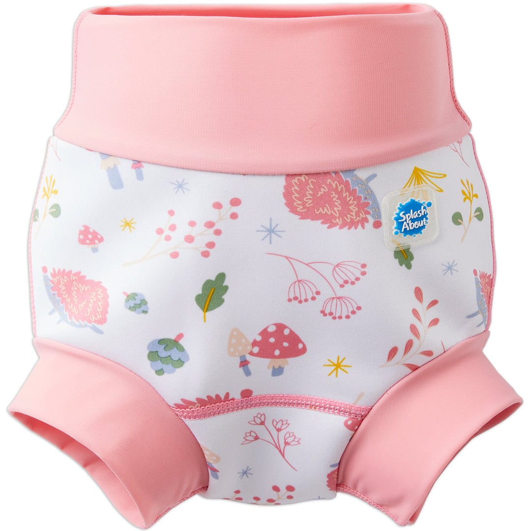 Happy Nappy in white featuring forest themed print. Light pink trims. Front.