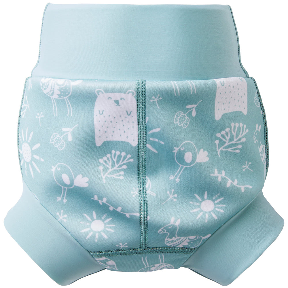 Happy Nappy in greenish blue, featuring animals themed print in white. Back.