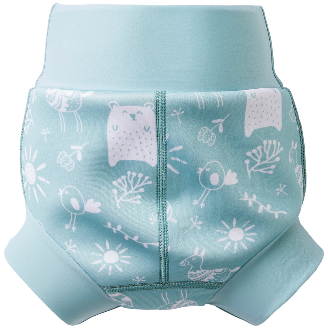 Happy Nappy in greenish blue, featuring animals themed print in white. Back.