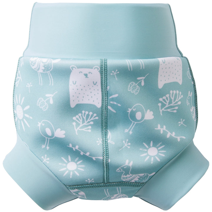 Happy Nappy in greenish blue, featuring animals themed print in white. Back.