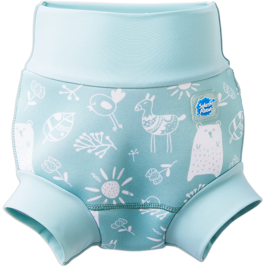 Happy Nappy in greenish blue, featuring animals themed print in white. Front.