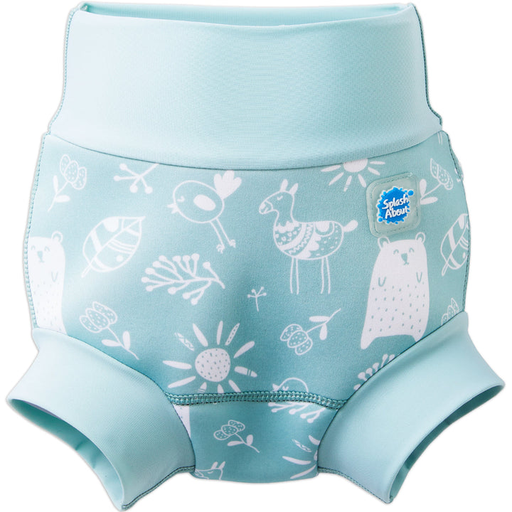 Happy Nappy in greenish blue, featuring animals themed print in white. Front.