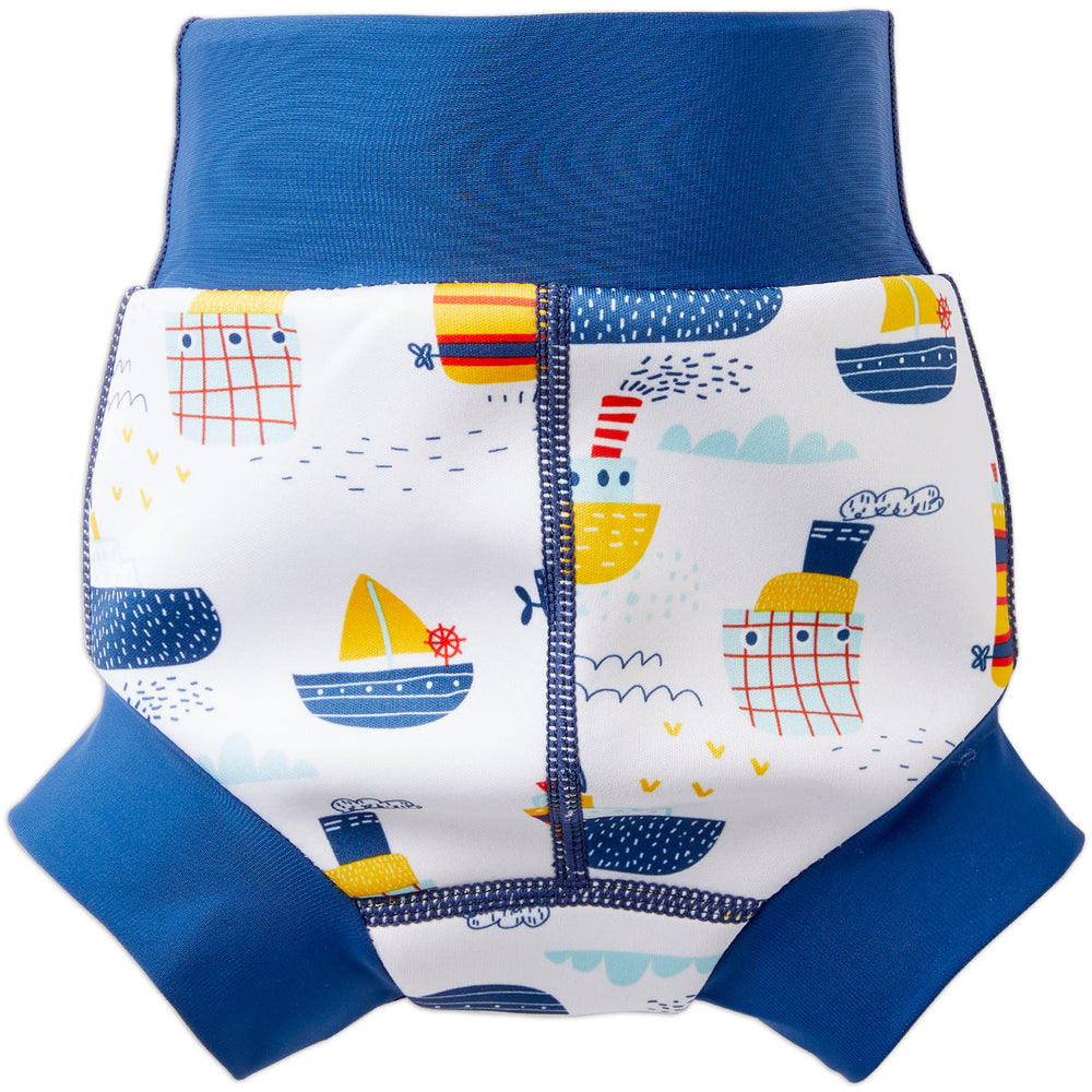 Happy Nappy in white with navy blue trims, featuring boats themed print. Back.