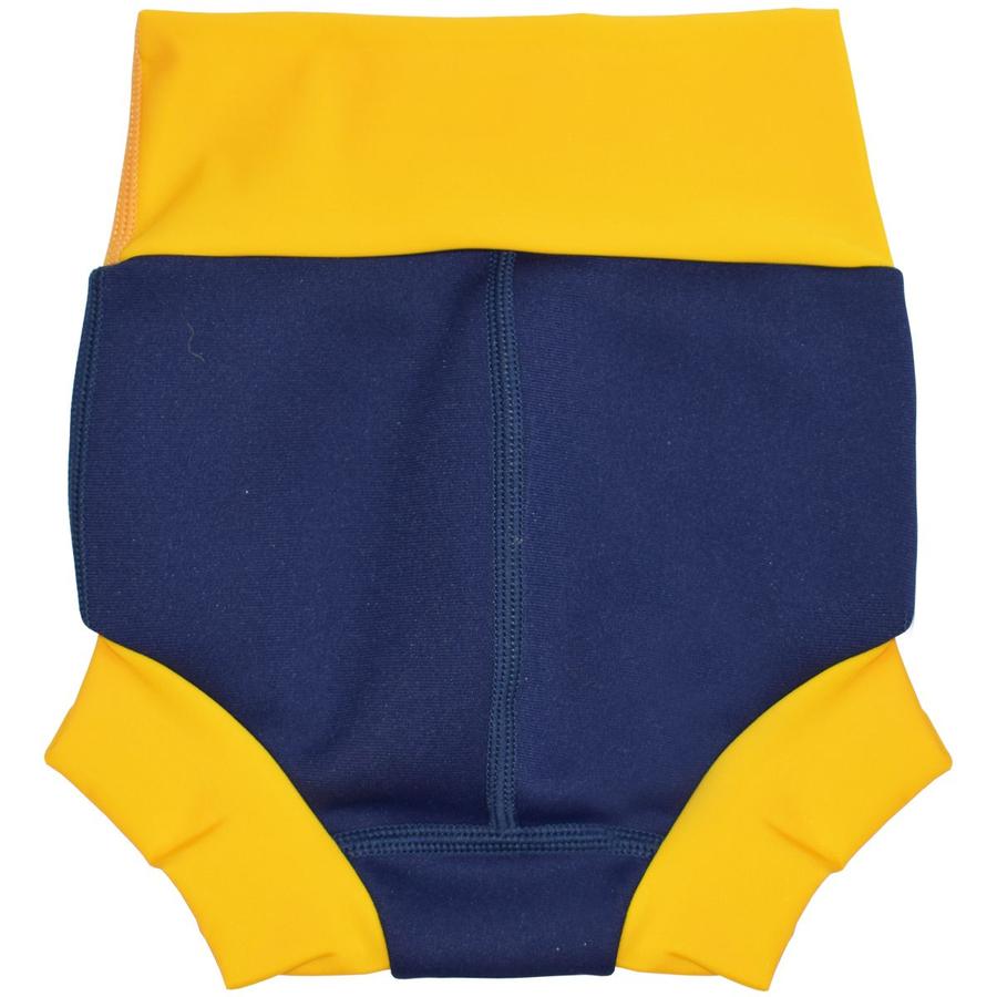 Plain navy blue Happy Nappy. Yellow trims. Back.