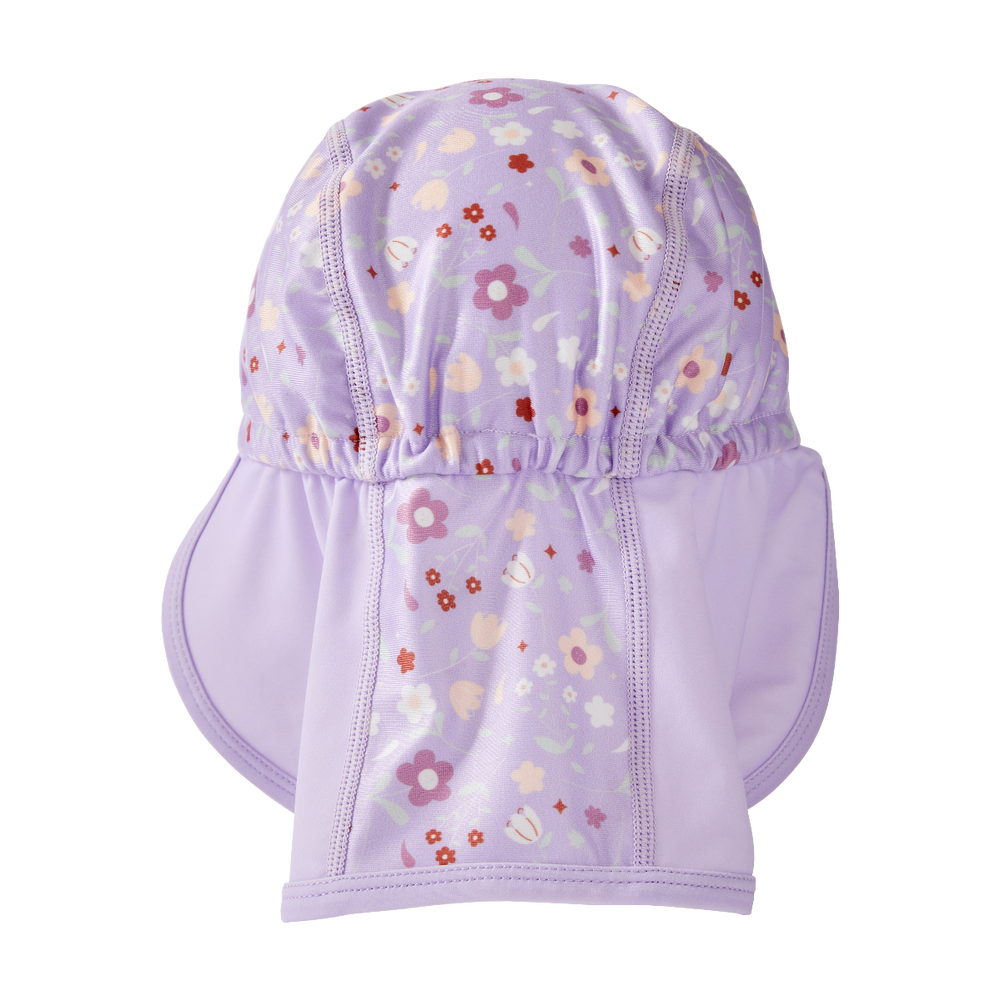 Legionnaire style sun hat in lilac, with floral themed print panel. Back.