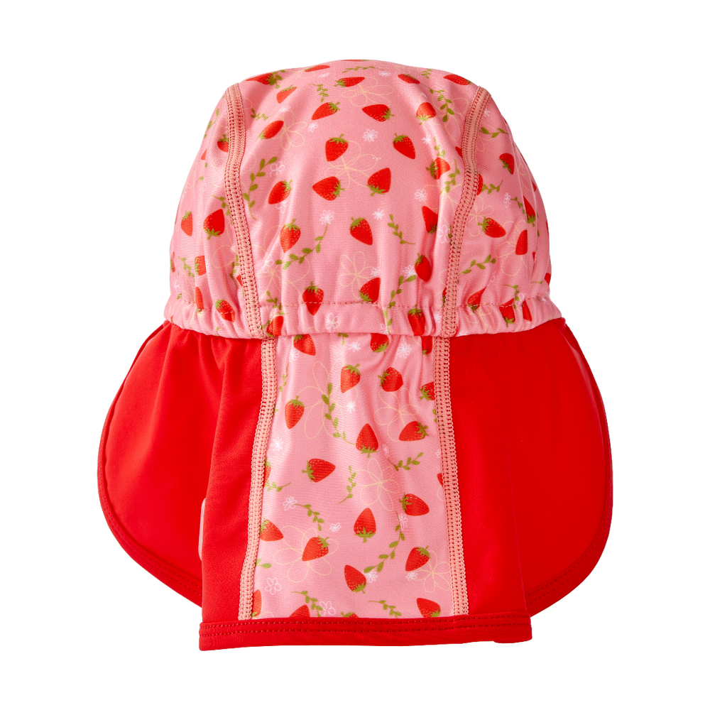 Legionnaire style sun hat in pink and red, with strawberries themed print panel. Back.