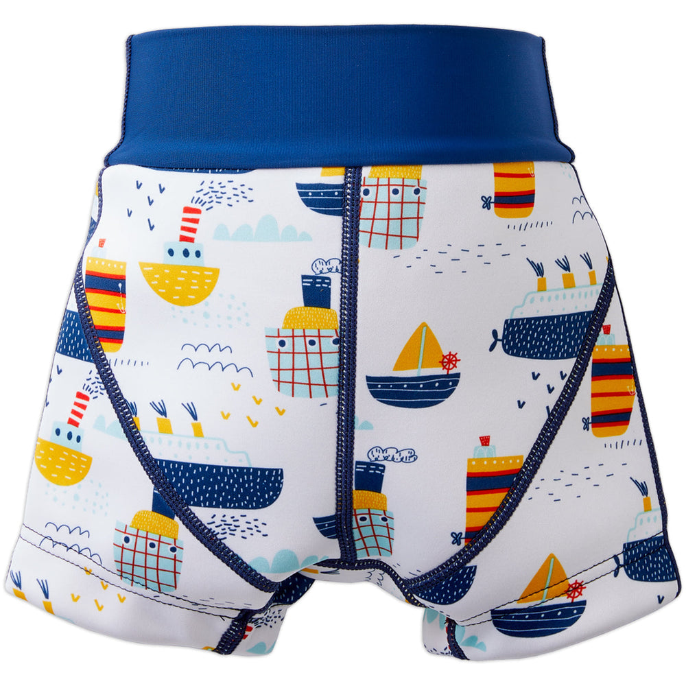 Neoprene swim shorts in white with blue navy waist and boats themed print. Back.