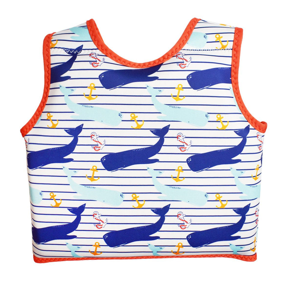 Neoprene swim vest for toddlers with non-removable floats in white with red trims, whales themed print and navy blue stripes. Back.