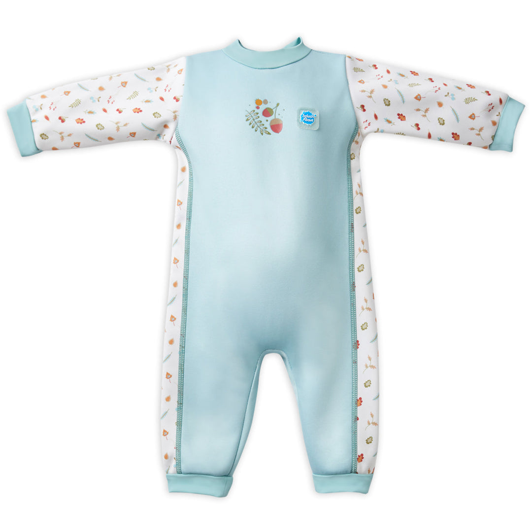 Acorns themed baby wetsuit in white and light blue, front.